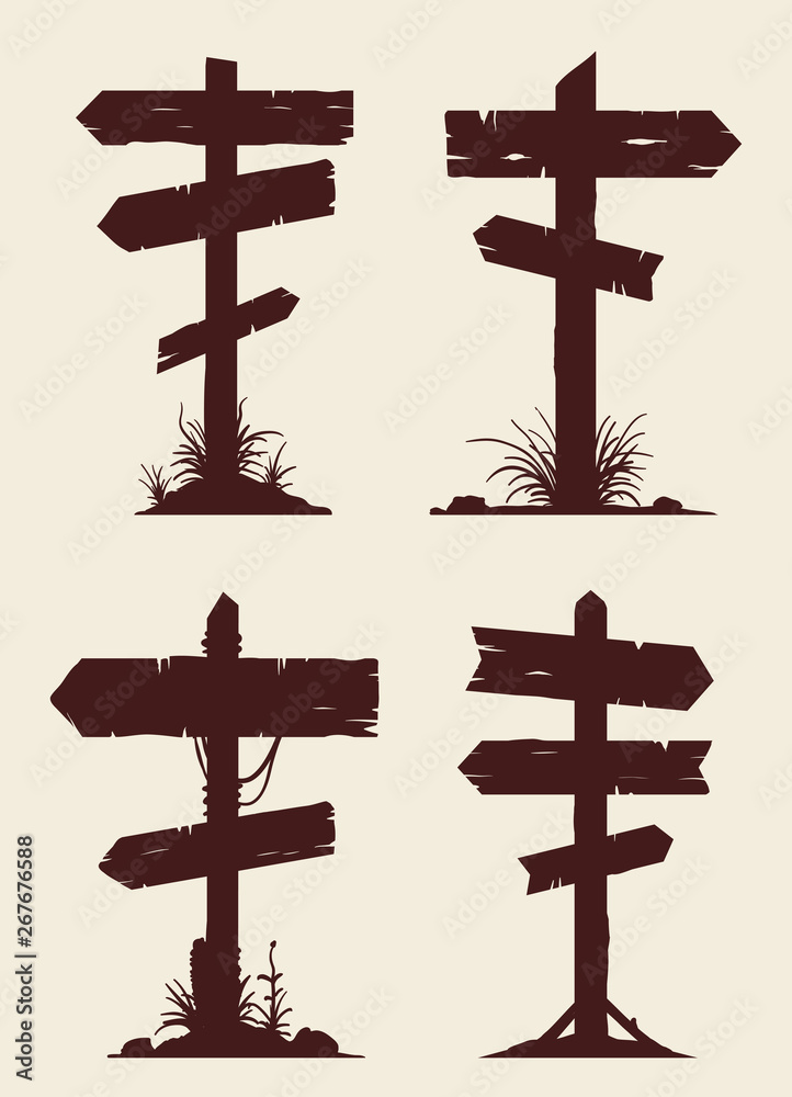 Wooden billboard banners, directional signboards and pointing guideposts. Vector set of silhouette elements.