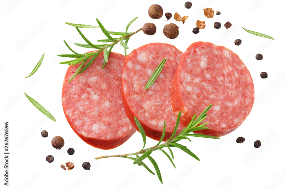 sliced sausage salami with rosemary and peppercorns isolated on white background. top view sliced sausage salami with rosemary and peppercorns isolated on white background. top view