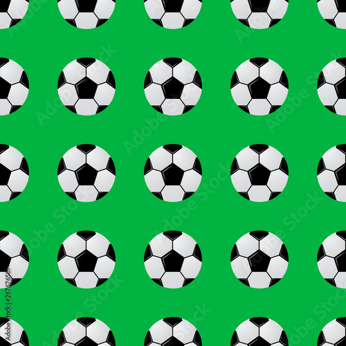 Black and white soccer balls on green seamless pattern. Football vector background. Sport competition theme cartoon style illustration. Easy to edit template for your design projects.