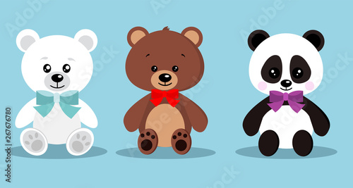 Set of isolated cute elegant holiday teddy toy bears with bow tie in sitting pose: brown bear, polar bear, panda on blue background. Vector clip art cartoon character illustration in flat style.