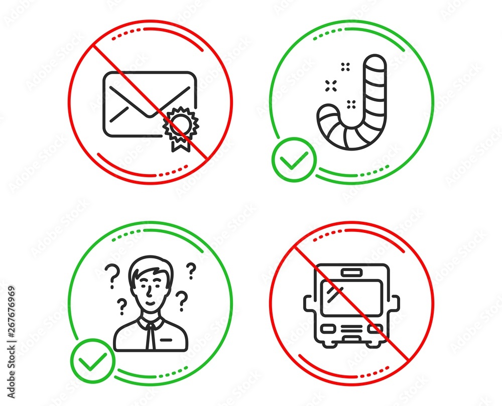 Do or Stop. Support consultant, Candy and Verified mail icons simple set. Bus sign. Question mark, Lollypop, Confirmed e-mail. Tourism transport. Line support consultant do icon. Prohibited ban stop