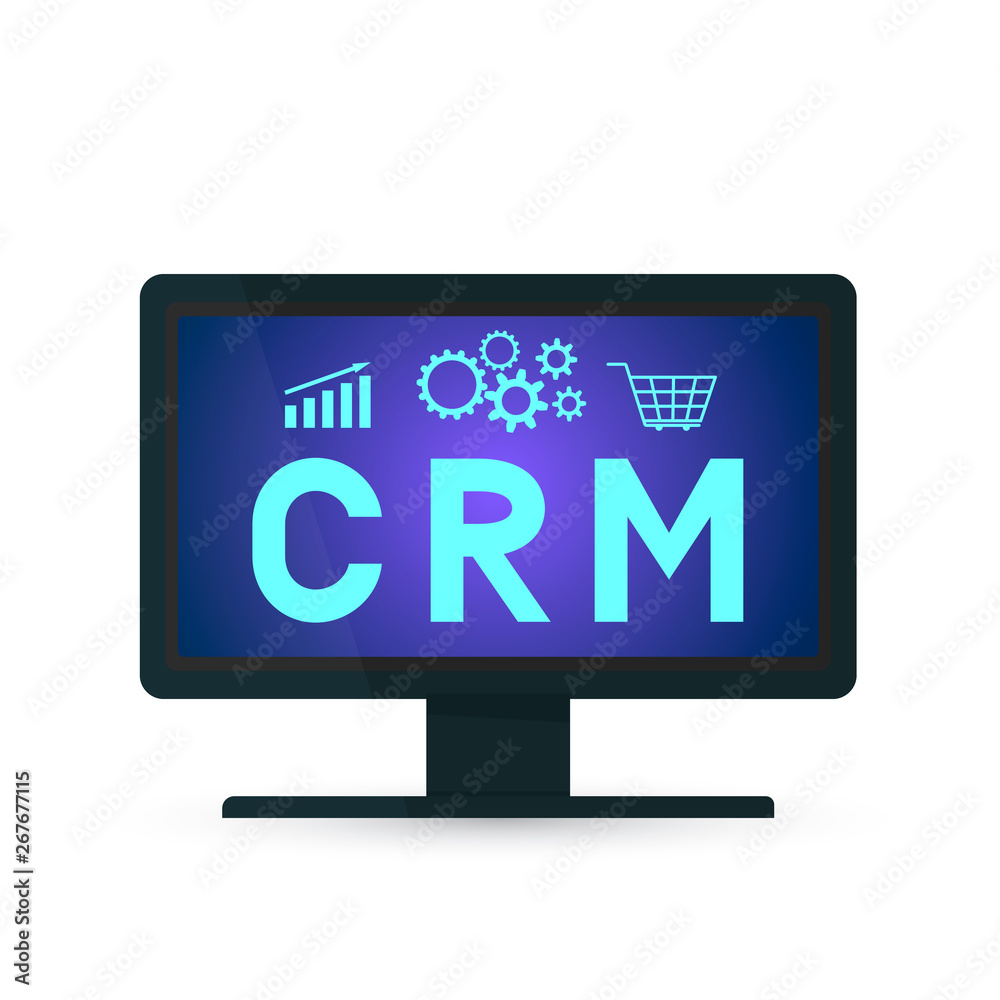 CRM lettering on the computer screen. Customer relationship management vector illustration. Modern technologies of business automation. Software for working with clients. CRM lettering on the computer screen. Customer relationship management vector illustration. Modern technologies of business automation. Software for working with clients.