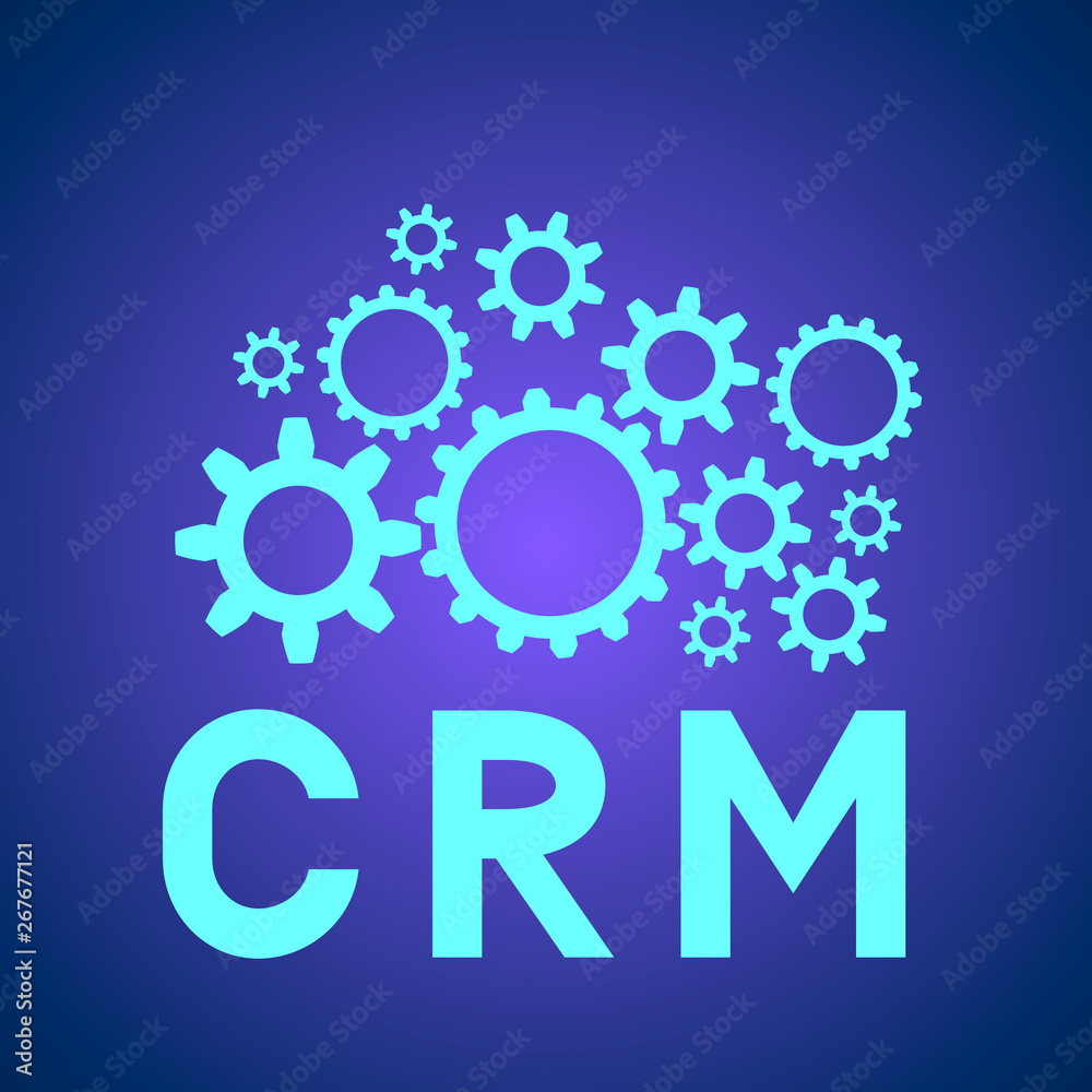 CRM lettering with gear wheels. Customer relationship management vector illustration. Software for working with clients. Modern technologies of business automation.