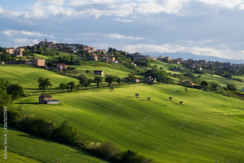 Grassy hills and town in Italy