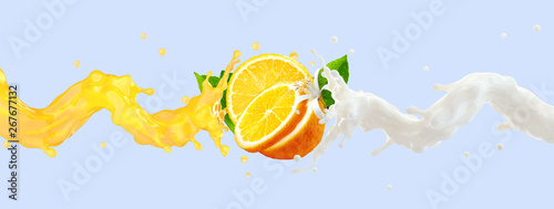 Fresh fruit yogurt or milk, orange juice, smoothie splash waves with ripe orange. Tropical fruit juice label design or advertising element with yogurt, juice, milk, orange slice. 3D