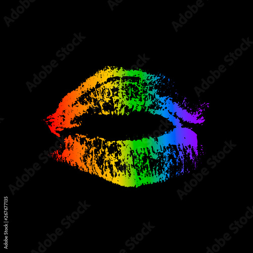 Rainbow lipstick kiss on black background. LGBT community symbol.  Gay pride vector illustration. Imprint of the lips. International Day Against Homophobia poster, sign, greeting card, flyer, sticker.
