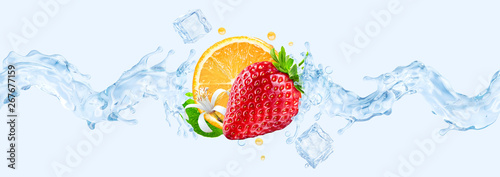 Fototapeta Naklejka Na Ścianę i Meble -  Fresh cold pure flavored ice water with strawberry and orange wave splash. Clean infused water wave splash with berries. Healthy flavored detox drink splash concept with ice cubes. 3D