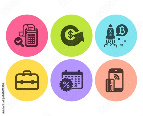 Bitcoin project, Bill accounting and Portfolio icons simple set. Calendar discounts, Dollar exchange and Contactless payment signs. Cryptocurrency startup, Audit report. Finance set. Vector