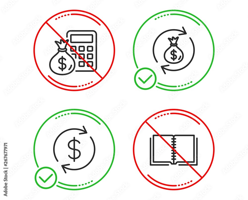 Do or Stop. Finance calculator, Usd exchange and Money exchange icons simple set. Book sign. Calculate money, Currency rate, Cash in bag. E-learning course. Business set. Vector