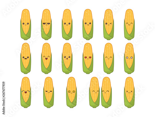 Corn cute kawaii mascot. Set kawaii food faces