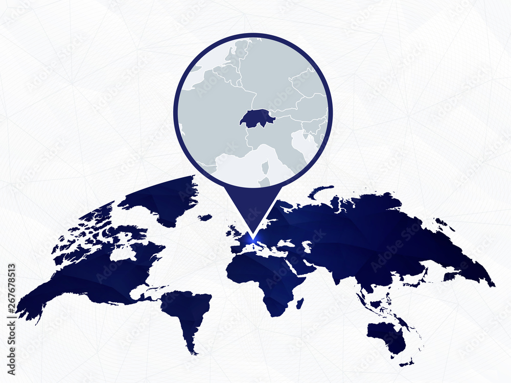 Fotografie Switzerland detailed map highlighted on blue rounded World Map.