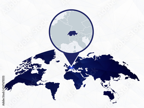 Switzerland detailed map highlighted on blue rounded World Map.