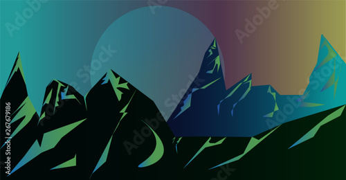 mountains and moon vector illustration, other worlds, soft light transition
