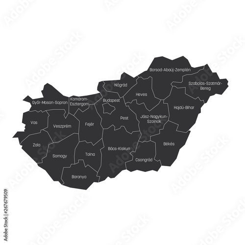Counties of Hungary. Map of regional country administrative divisions. Colorful vector illustration photo