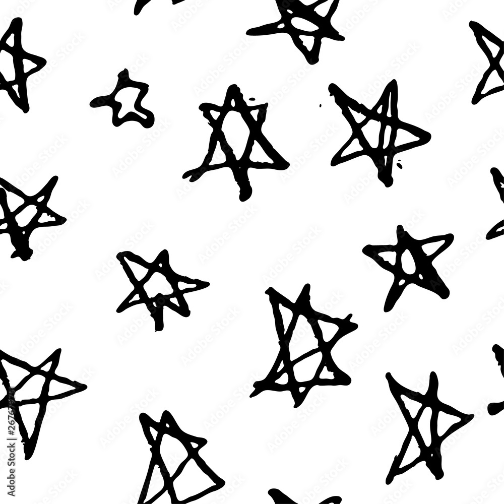 Grange seamless pattern with hand drawn stars. Hand drawn monochrome stars. Scandinavian stamp texture background. Vector illustration for gift, design and print.
