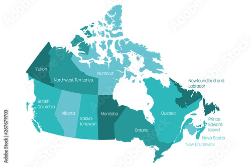Map of Canada divided into 10 provinces and 3 territories. Administrative regions of Canada with labels. Vector illustration