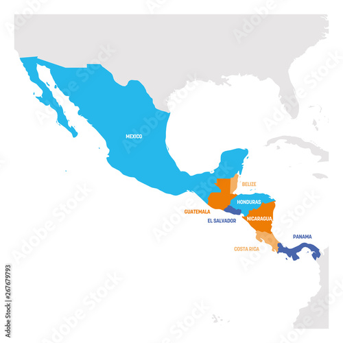 Central America Region. Map of countries in central part of America. Vector illustration