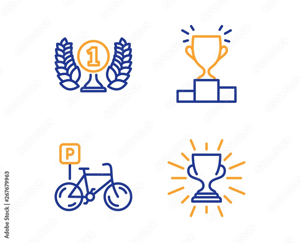 Winner podium, Laureate award and Bicycle parking icons simple set. Trophy sign. Competition results, Prize, Bike park. Winner cup. Sports set. Linear winner podium icon. Colorful design set. Vector Winner podium, Laureate award and Bicycle parking icons simple set. Trophy sign. Competition results, Prize, Bike park. Winner cup. Sports set. Linear winner podium icon. Colorful design set. Vector