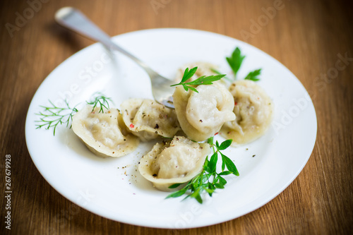 boiled dumplings with meat and spices in a plate