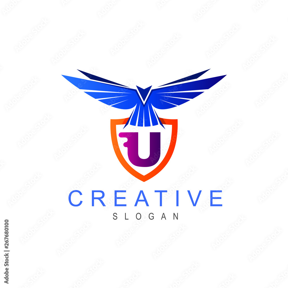 Flying bird logo with shield, shield and eagle, security logo, shield and letter u Flying bird logo with shield, shield and eagle, security logo, shield and letter u