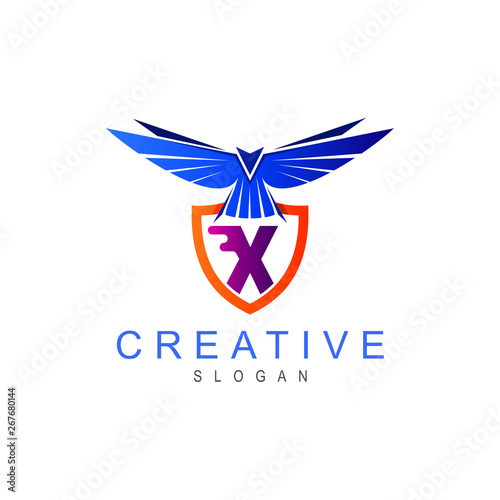 Free Download Flying bird logo with shield, shield and eagle, security logo, shield and letter x - GFXLoad