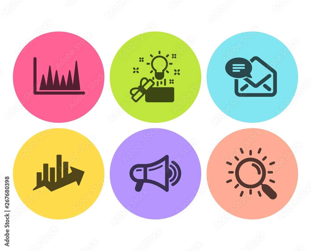 Growth chart, New mail and Creative idea icons simple set. Line graph, Megaphone and Search signs. Sale diagram, Received e-mail. Flat growth chart icon. Circle button. Vector Growth chart, New mail and Creative idea icons simple set. Line graph, Megaphone and Search signs. Sale diagram, Received e-mail. Flat growth chart icon. Circle button. Vector