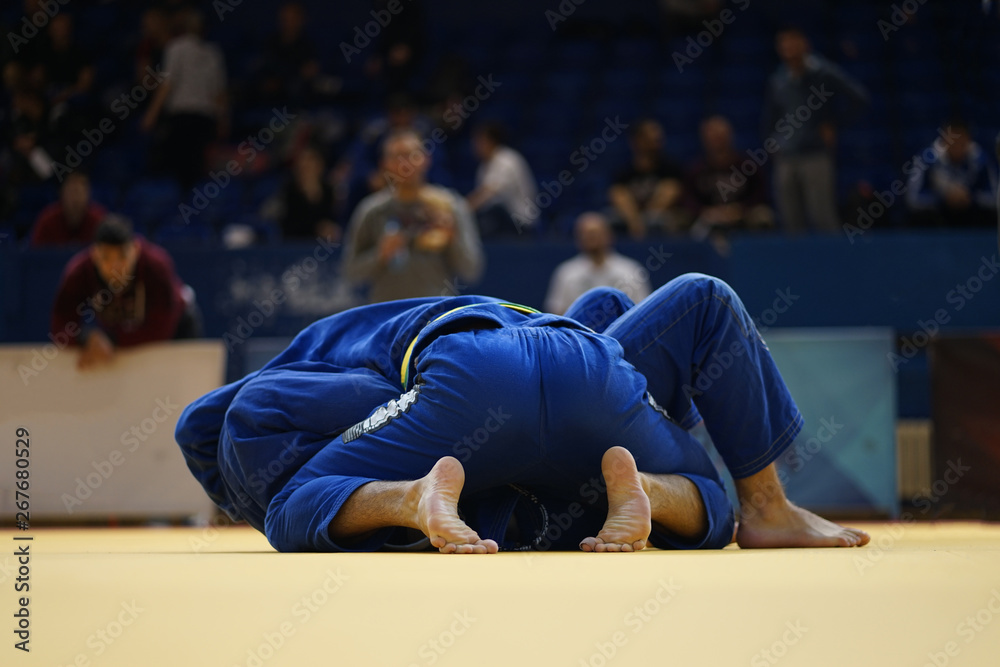 Brazilian Jiu-Jitsu BJJ judo tournament fight two fighters in blue gi kimono on the tatami in side control position