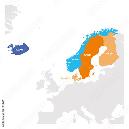 North Europe Region. Map of countries of Scandinavia. Vector illustration