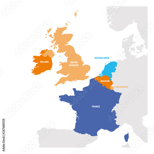 West Europe Region. Map of countries in western Europe. Vector illustration
