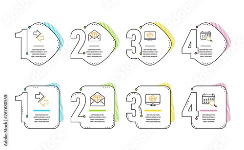 Synchronize, Web shop and Web mail icons simple set. Search calendar sign. Communication arrows, Shopping cart, World communication. Find date. Technology set. Infographic timeline. Vector