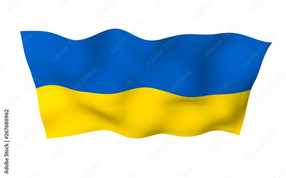 The flag of Ukraine on a white background. National flag and state ensign. Blue and yellow bicolour. 3D illustration waving flag The flag of Ukraine on a white background. National flag and state ensign. Blue and yellow bicolour. 3D illustration waving flag