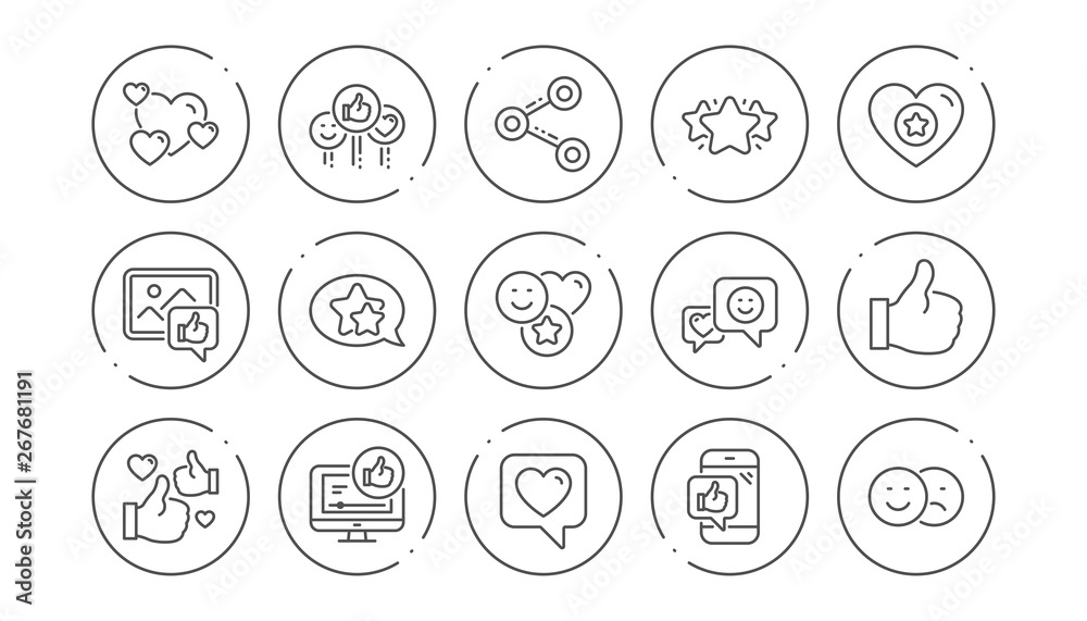 Social media line icons. Share network, Like thumbs up and Rating. Feedback smile linear icon set. Line buttons with icon. Editable stroke. Vector Social media line icons. Share network, Like thumbs up and Rating. Feedback smile linear icon set. Line buttons with icon. Editable stroke. Vector