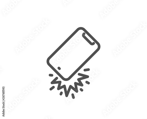 Smartphone falling line icon. Phone crash sign. Mobile device fall symbol. Quality design element. Linear style smartphone broken icon. Editable stroke. Vector