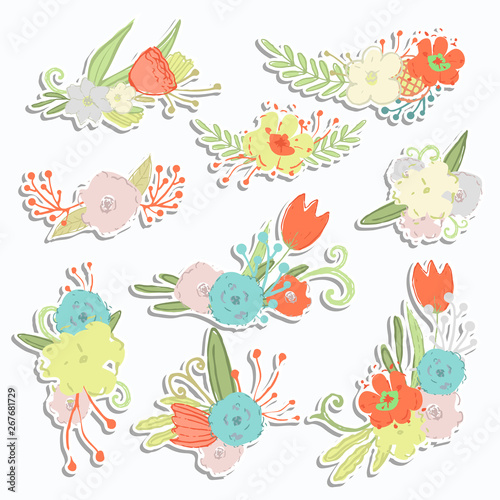 Vector sticker flowers bouquet set with shadow