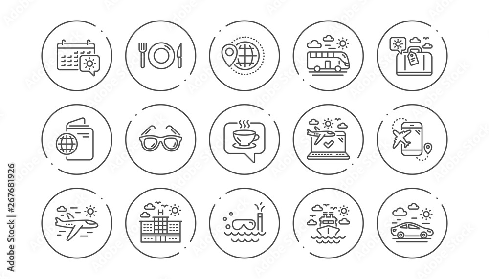 Travel line icons. Passport, Luggage and Check in airport. Sunglasses linear icon set. Line buttons with icon. Editable stroke. Vector