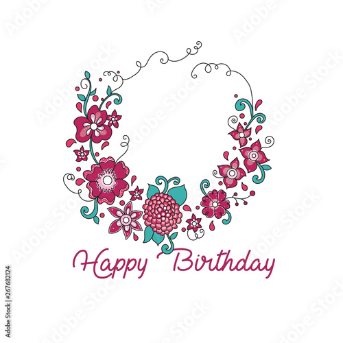 Happy Birthday card purple flowers wreath decoration. Happy birthday invitation card, vector illustration.