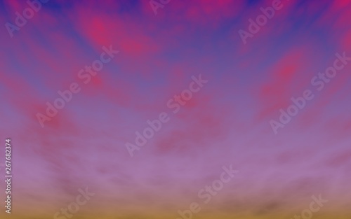 Cumulus pink clouds in the purple sky at sunset. Abstract group of clouds in the evening. 3D illustration