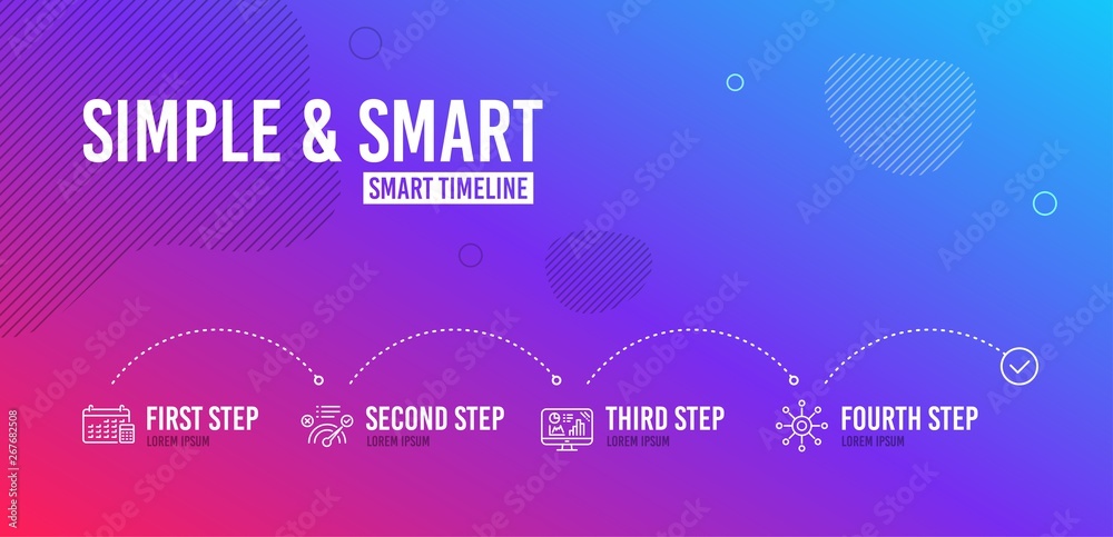 Infographic timeline. Correct answer, Calendar and Analytics graph icons simple set. Multichannel sign. Approved, Calculator device, Growth report. Multitasking. Technology set. 4 steps layout. Vector