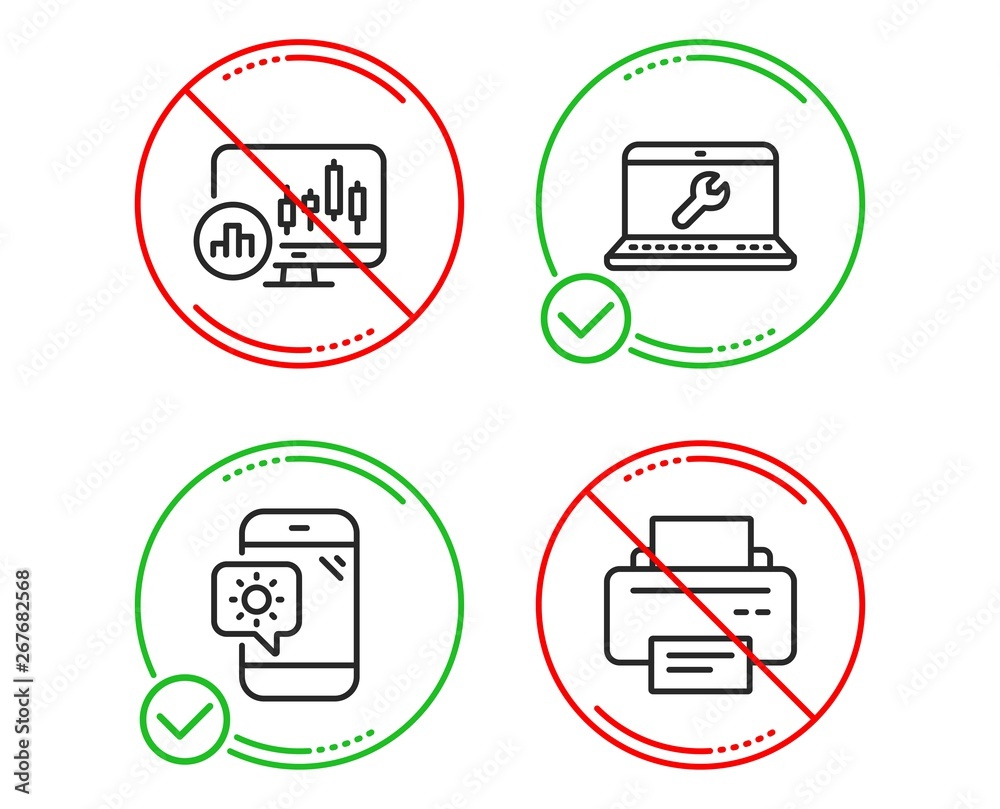 Do or Stop. Laptop repair, Weather phone and Candlestick chart icons simple set. Printer sign. Computer service, Travel device, Report analysis. Printing device. Technology set. Vector Do or Stop. Laptop repair, Weather phone and Candlestick chart icons simple set. Printer sign. Computer service, Travel device, Report analysis. Printing device. Technology set. Vector