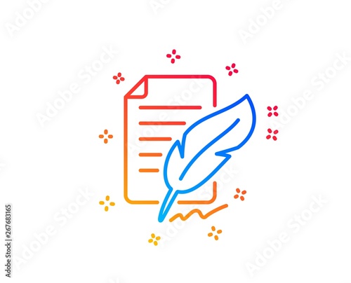 Feather signature line icon. Copywriting sign. Feedback symbol. Gradient design elements. Linear feather signature icon. Random shapes. Vector