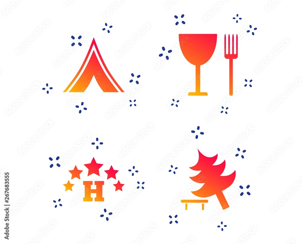 Food, hotel, camping tent and tree icons. Wineglass and fork. Break down tree. Road signs. Random dynamic shapes. Gradient food icon. Vector Food, hotel, camping tent and tree icons. Wineglass and fork. Break down tree. Road signs. Random dynamic shapes. Gradient food icon. Vector