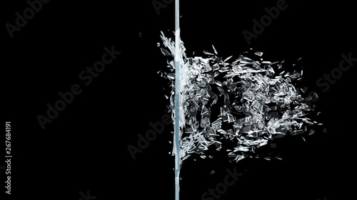 Abstract broken glass into pieces. Wall of glass shatters into small pieces. Place for your banner, advertisement. Explosion caused the destruction of glass. 3d illustration photo