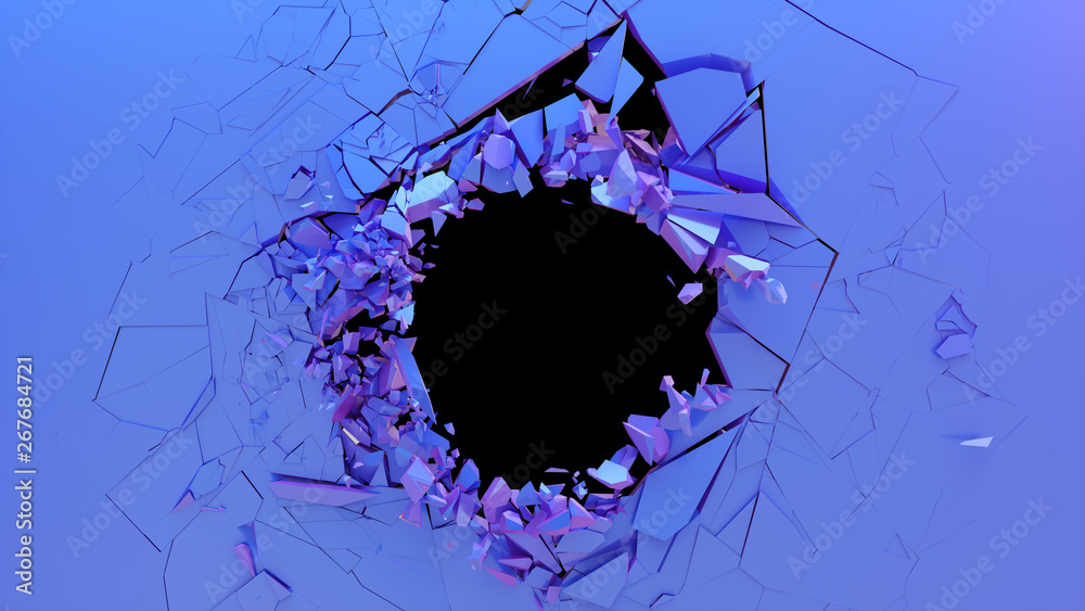 Broken wall dark pastel-violet color. Wall shatters into thousands of ...