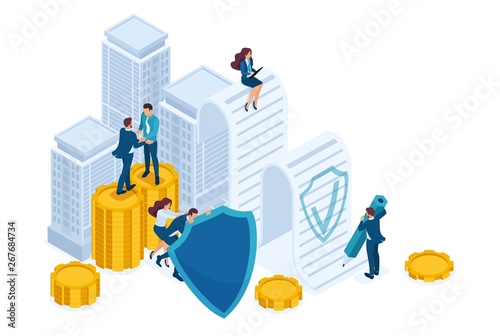 Isometric Businessmen insure their assets, investments and shares, shield. Concept for web design