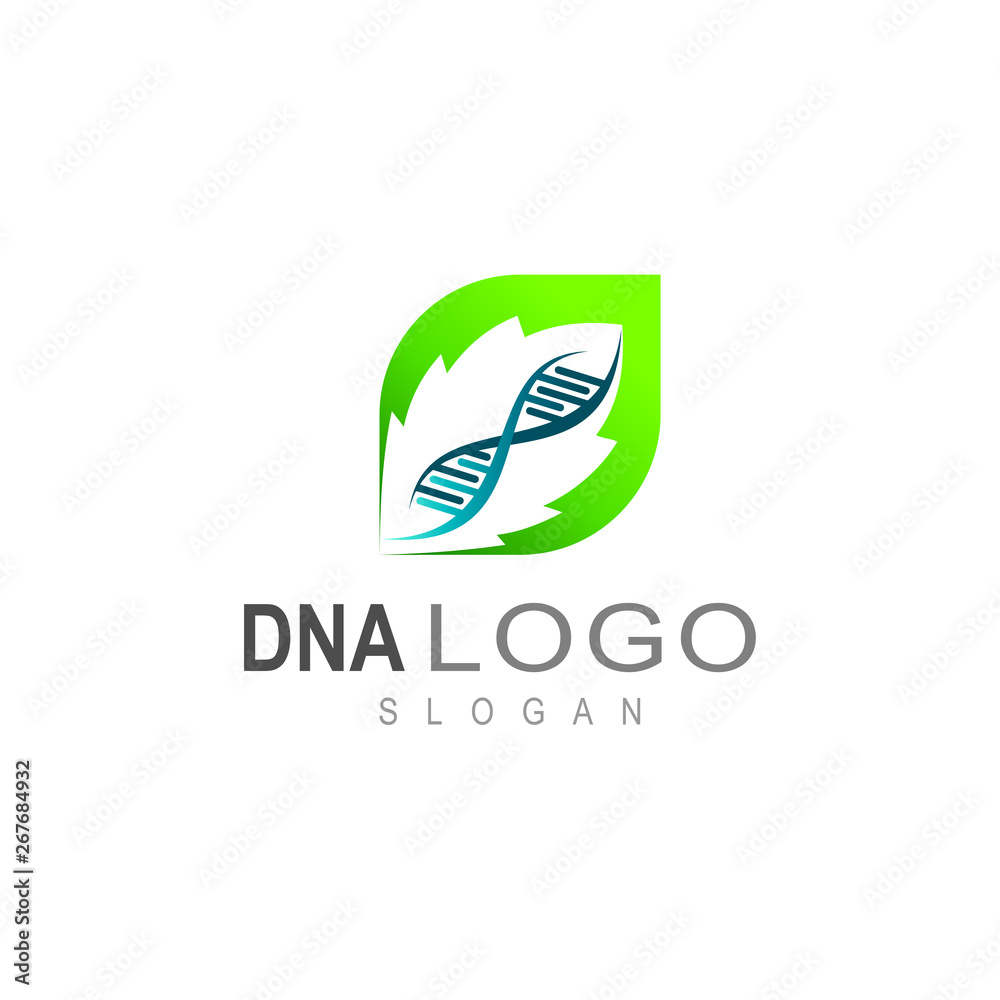 DNA logo, icon of life, leaf and DNA + symbol of care with nature