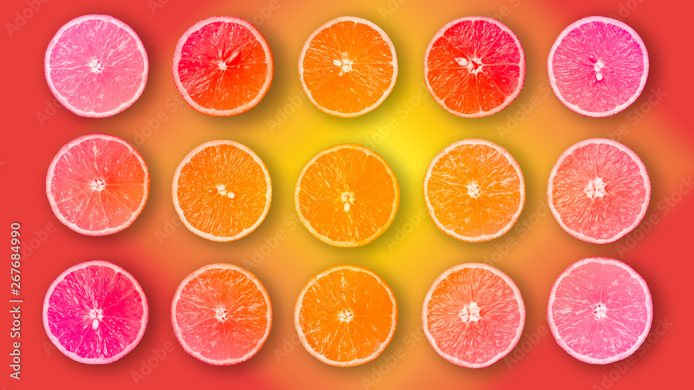 Abstract background of half cut organic oranges in row Abstract background of half cut organic oranges in row