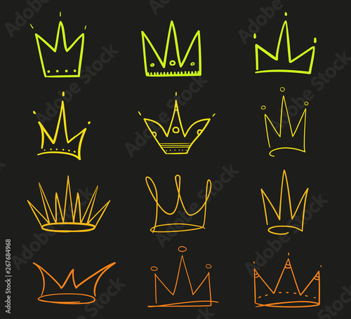 Set of abstract crowns on isolated black. Signs for design. Hand drawn simple objects. Line art. Colorful illustration. Sketchy elements for posters and flyers