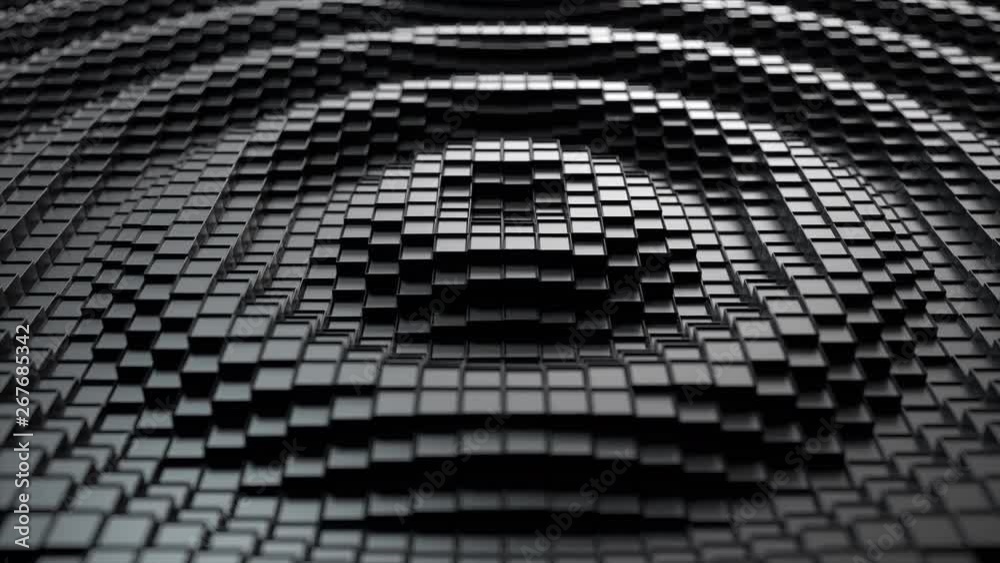 3d render. Dark plastic cubic surface in wave motion. Abstract seamless loop 3d animation of cubes moving up and down.