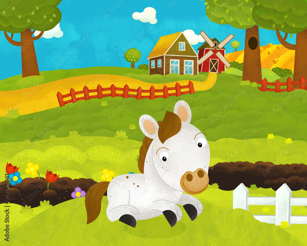 cartoon happy and funny farm scene with happy horse - illustration for ...