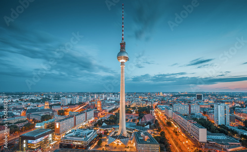 Berlin skyline panorama with famous TV tower at Alexanderplatz at night, Germany
